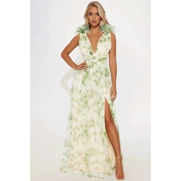 Fashion Nova Evelyn Tulle Gown | Sage Green Floral Prom Maxi Dress XS Side Slit - Picture 1 of 9